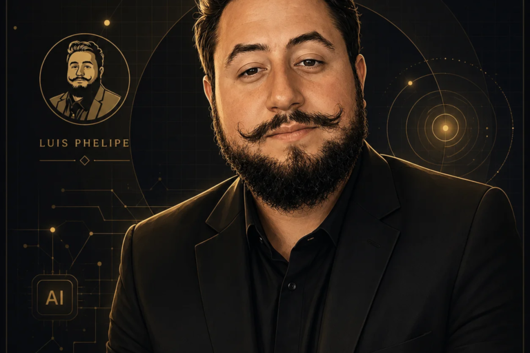 Luis Phelipe em composição corporativa com elementos de estratégia, marketing e inteligência artificial
