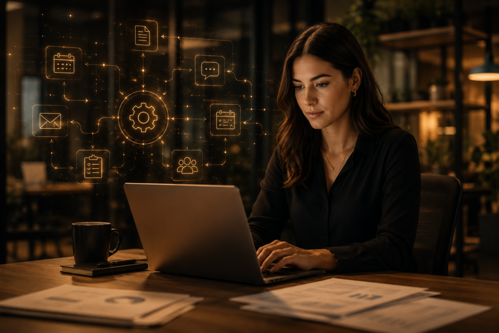 Fluxo de trabalho corporativo com automações conectando documentos, mensagens, tarefas, dados e equipes