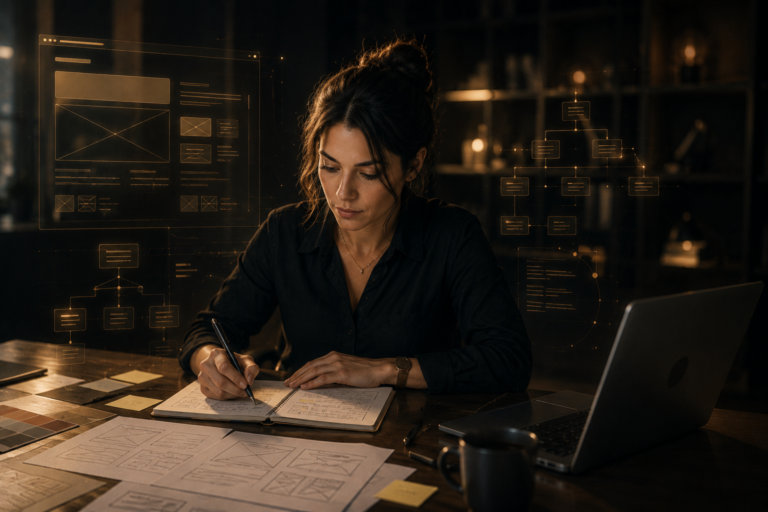 Designer e desenvolvedora planejando arquitetura de site com interfaces digitais e inteligência artificial