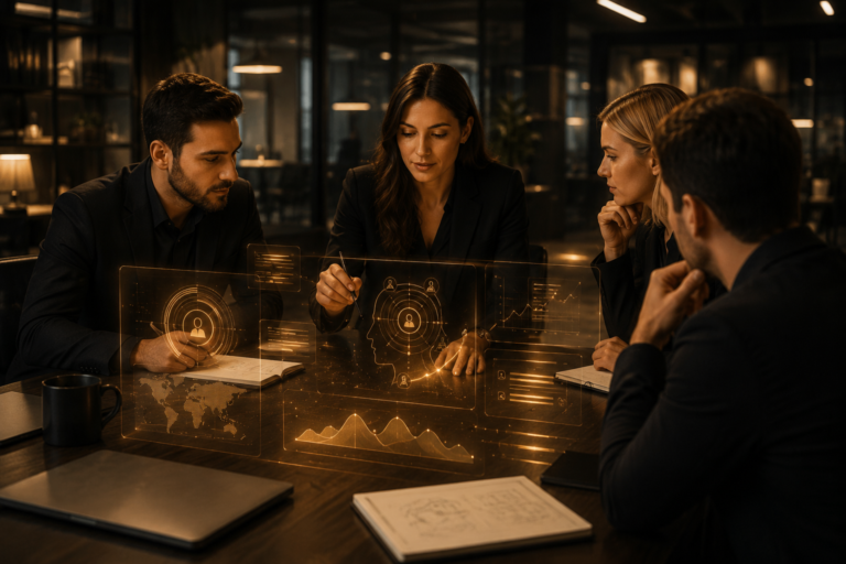 Reunião estratégica de marketing analisando posicionamento, público, mídia e crescimento